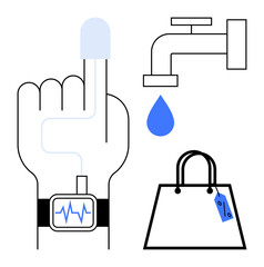 Obraz premium A hand with a smartwatch tracks health, a blue water drop from a faucet highlights conservation, and a branded shopping bag suggests consumerism. Ideal for technology, health, wellness, environmental