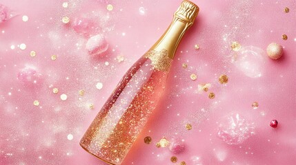 generic pink and gold champagne bottle with golden glitter on a pink background flat lay with copy space