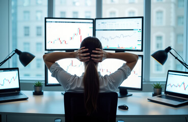 Female trader relaxes at desk reviewing stock exchange market data on multiple monitors. Looking at stock charts on numerous screens. Interior setting modern office. Investor watches data for