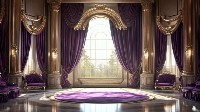 Luxurious palace interior with large arched window, purple drapes, gold accents, and ornate furniture.