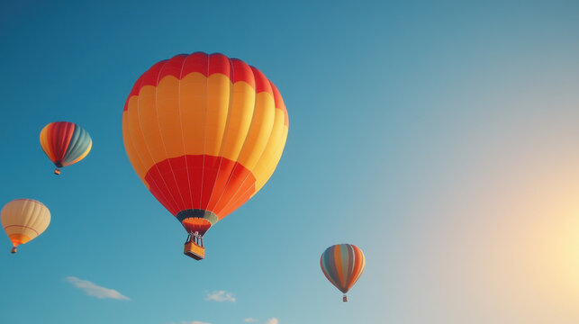 Colorful hot air balloons soaring in clear blue sky, creating vibrant scene of joy and adventure