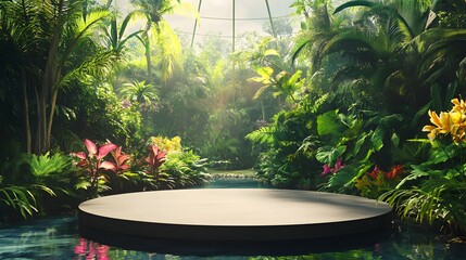 A podium in a glass-walled space overlooking a lush tropical garden, with vibrant plants and flowers adding color to the scene