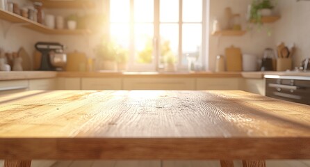 Blurred kitchen background with an empty wooden table for product display, focus on the center of with generative ai