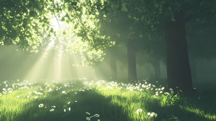 Fototapeta premium A serene and mystical woodland glade bathed. Serene Glade. Illustration