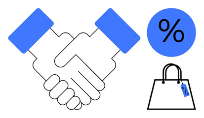 Business handshake symbolizing partnership, percentage sign indicating a sale or discount, and shopping bag with tag representing consumerism. Ideal for concepts thumbs up cooperation, negotiation
