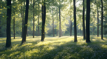 Fototapeta premium A serene forest glade bathed in soft dappled light, peaceful, harmony, dappled. Serene Glade. Illustration