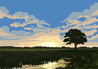 Sunset sky illustration with a tree and river