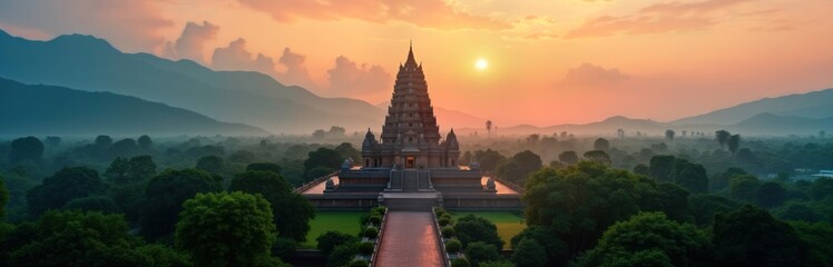 Majestic Hindu temple at sunrise. Scenic view with mountains, jungle in background. Ancient architecture. Traditional design. Rich culture, heritage. Religious landmark. Beautiful colors, light.