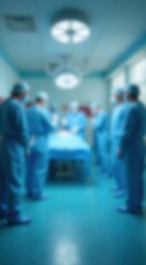 Fototapeta premium Doctors in a hospital room with a blue floor and a blue bed