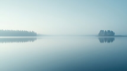 Fototapeta premium Serene Misty Morning Over Calm Lake with Reflections of Trees