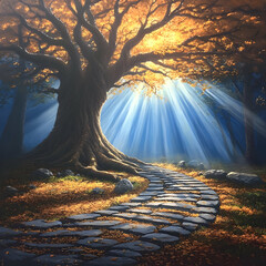 Autumn path, mystical forest, sun rays, nature scene, fantasy
