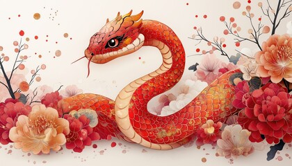 Obraz premium Lunar New Year Snake with Flowers for Celebration