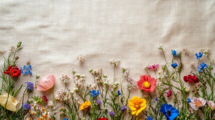Colorful wildflowers arranged on textured beige fabric