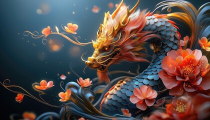 Obraz premium Lunar New Year Dragon Among Blossoms on Dark Blue Background