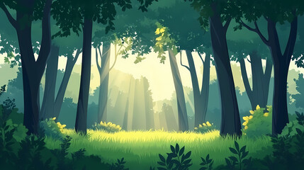 A serene forest glade with tall trees and a bright sun shining through the leaves, forest, greenery, foliage, dappled light, shade. shaded glade. illustration. Serene Glade. Illustration