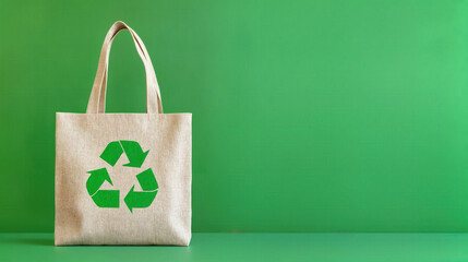 Eco-friendly reusable tote bag with recycling symbol on green background promoting sustainability and environmental awareness