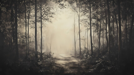 Fototapeta premium A serene forest scene with dim light filtering through branches, creating an ethereal atmosphere of mystery and calm. Serene Glade. Illustration