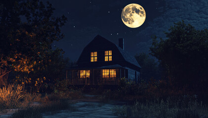 horror picture of house at night with moon illuminating scene, creating eerie atmosphere. glowing windows add to suspenseful mood