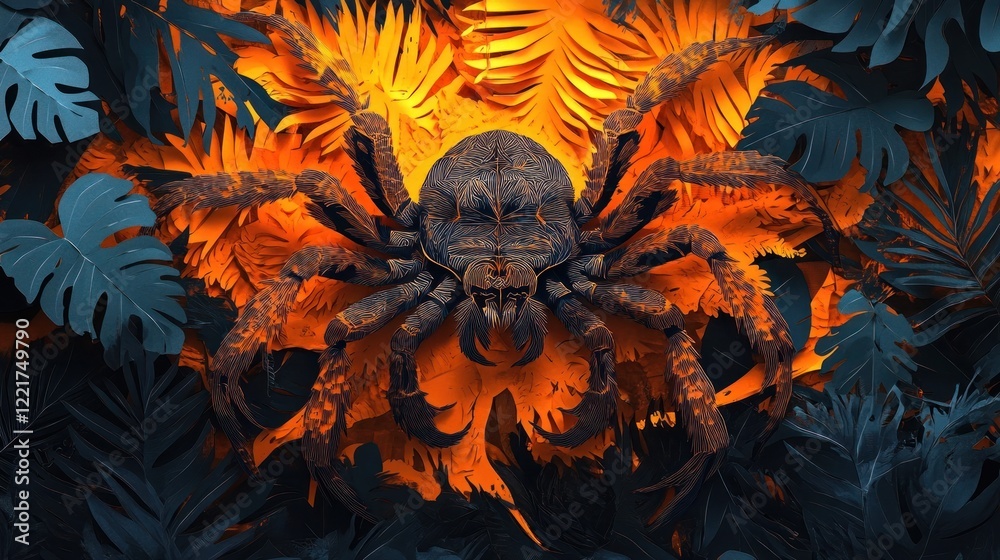 Wall mural a large hairy spider with menacing fangs and a fierce aggressive stance lurks within the lush tropic