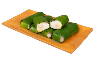 Traditional lemper dish in a rectangular wooden plate isolated transparent