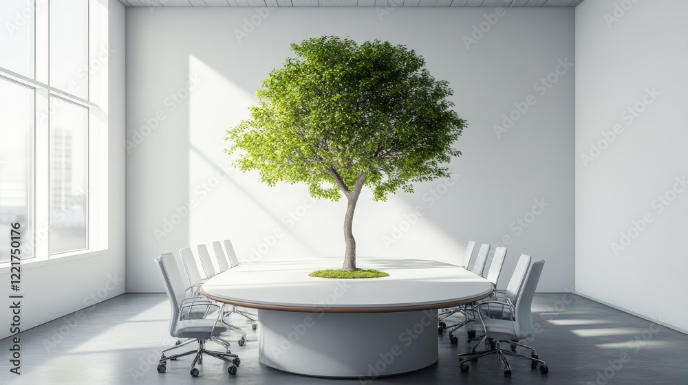 Poster modern conference room with minimalist design featuring a green tree as a central element to promote