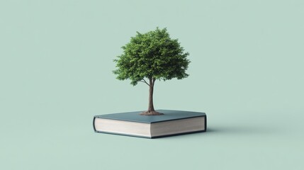 A Creative Representation of Knowledge and Growth Featuring a Lush Green Tree Emerging from a Closed Book on a Soft Green Background for Educational Themes