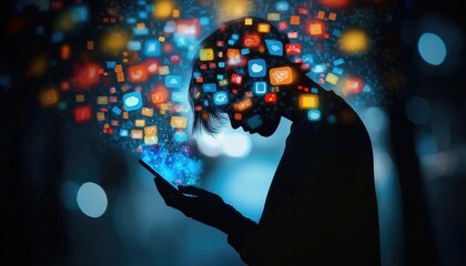 Social Media Update Person Using Phone With App Icons Overhead