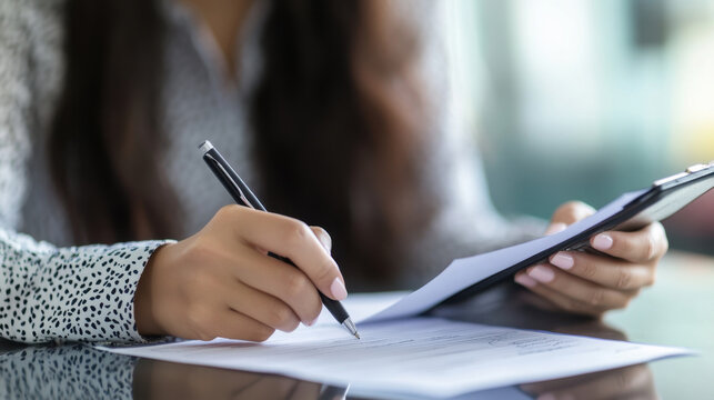 professional woman writing notes on clipboard while reviewing documents. setting conveys focus and productivity in modern workspace
