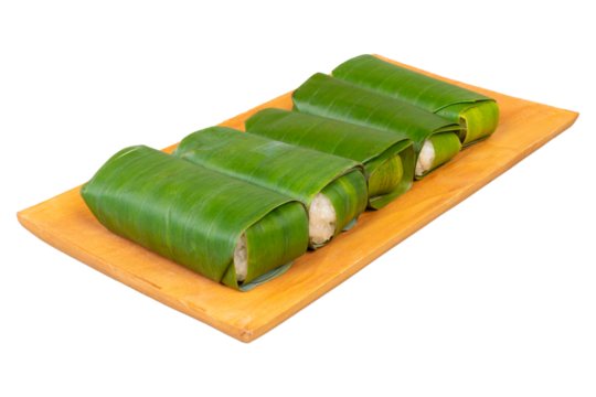 Traditional lemper dish in a rectangular wooden plate isolated transparent
