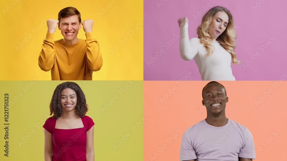 Poster four individuals display a range of positive emotions in a colorful collage. each person showcases t