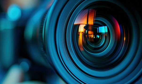 Close-up camera lens capturing sunset reflection, blurred background, ideal for photography and media projects
