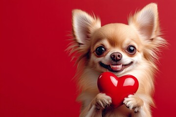 Digital ads visual idea. Cute chihuahua pup with pet animal toy red heart - sign of love, funny greeting card. Chihuahua - my preferred dog. Valentine's pet story ideas. Animal love.