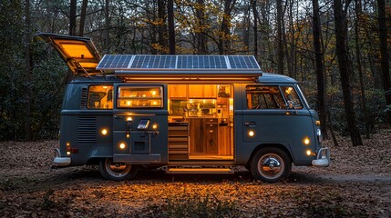 Obraz premium A 1950s-style camper van updated with solar panels, a smart interior, and glowing accent lights