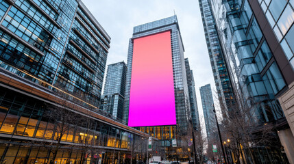A modern urban scene showcasing towering glass buildings surrounding a large digital billboard displaying a vibrant gradient of pink and purple.