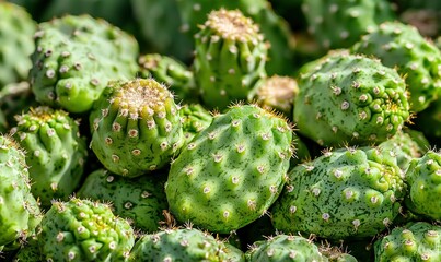 Close-up of fresh green cactus fruits piled together, ideal for food or nature backgrounds