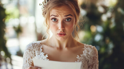 Bridal checklist causing concern for worried bride in wedding dress, expressing anxiety and uncertainty about her plans