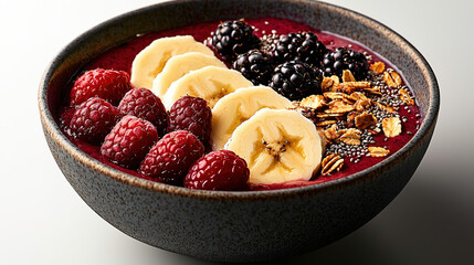 Acai smoothie bowl with granola, sliced bananas, berries, chia seeds, soft natural light and vibrant food styling
