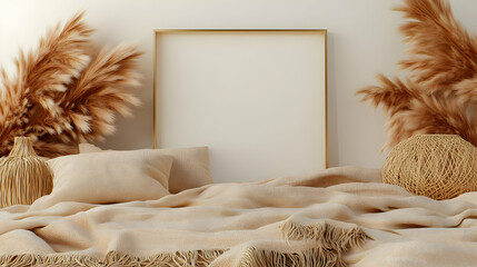 Beige bedroom mockup, pampas grass, poster