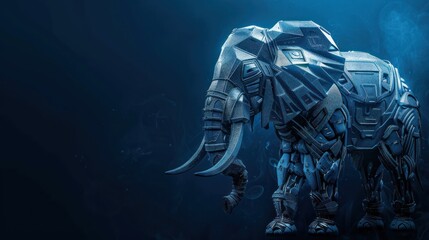 Cybernetic elephant with metallic body on dark blue background, AI generated image