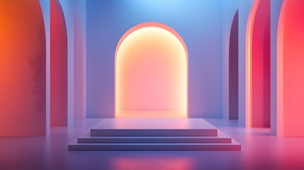 A white podium set in front of a cool-toned gradient background with soft light spilling in from one side, creating a calm and minimalist atmosphere