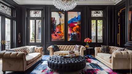 A Victorian sitting room featuring tufted sofas and a crystal chandelier, modernized with bold abstract art on the walls