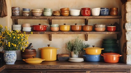 A rustic cottage kitchen with open shelving and vintage pots, reimagined with sleek quartz countertops