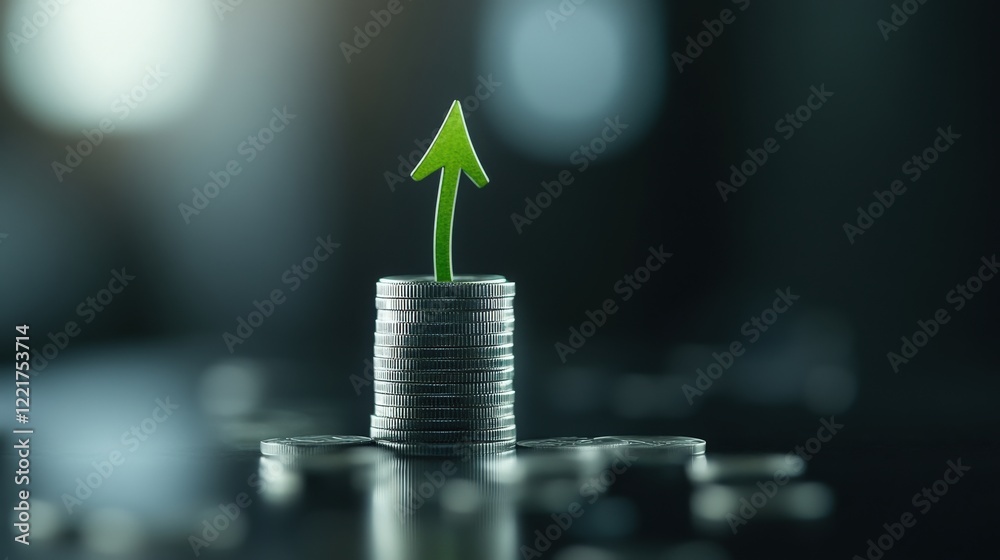 Poster green arrow growing from stacked coins symbolizing financial growth, investment success, and increas