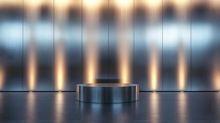 A podium in front of a shiny chrome wall with ambient lighting creating reflections, emphasizing the empty space for product display