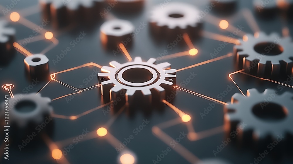Poster Intricate Gears and Circuitry Network with Glowing Lines, Symbolizing Technology, Innovation, and Automation in a Modern Digital Environment