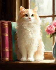 Charming Fluffy Cat Sitting by Window Books Roses Soft Light Painting