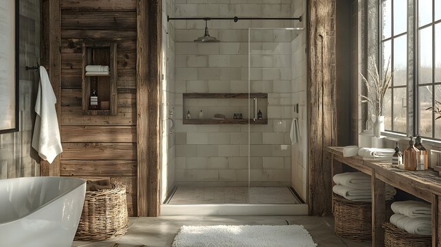 A rustic farmhouse bathroom with reclaimed wood accents and a contemporary glass shower enclosure