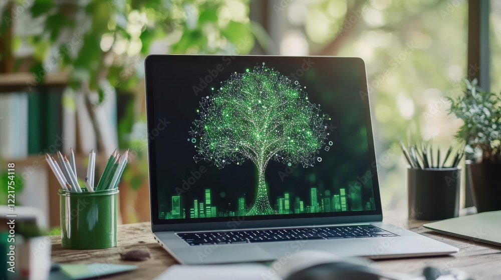 Poster modern workspace featuring laptop displaying futuristic green tree design symbolizing nature and tec