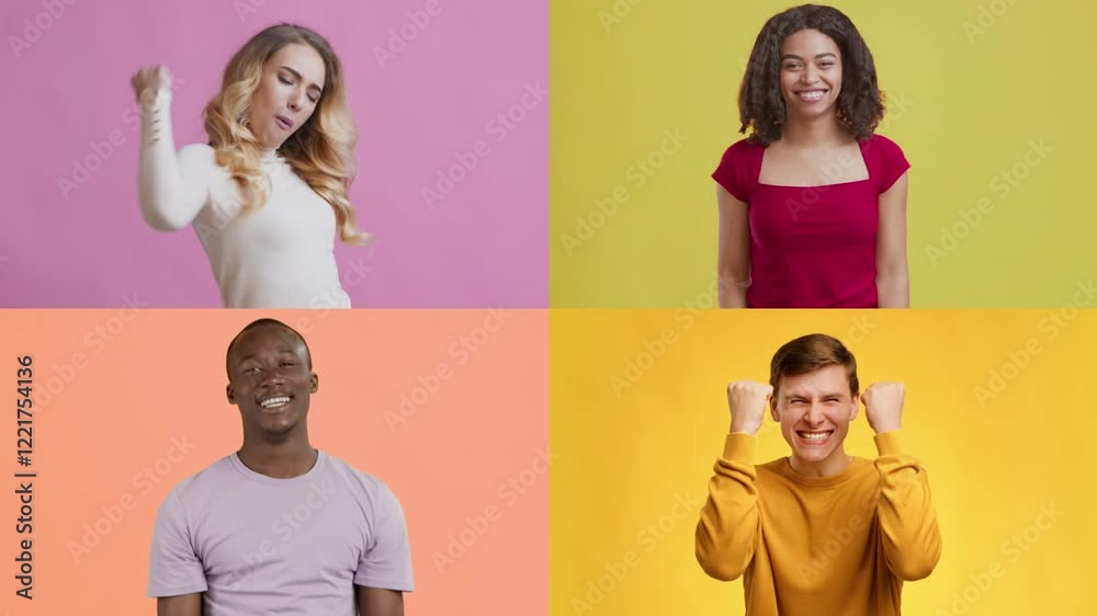 Poster Four individuals display a range of positive emotions against vibrant backgrounds. Their gestures and expressions reflect joy and enthusiasm in a lively and colorful atmosphere.