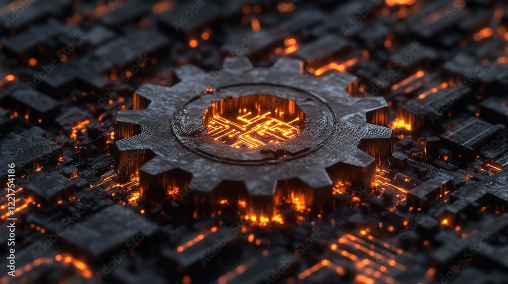 Aufkleber intricate gear surrounded by glowing circuitry on a metallic background, symbolizing technology and 